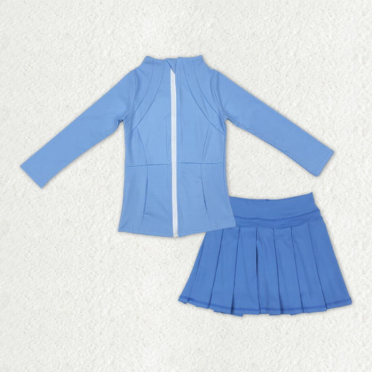 Kids Girls Long Sleeves Zipper Pockets Cardigan Blue Shorts Skirt Yoga Active Set RTS
