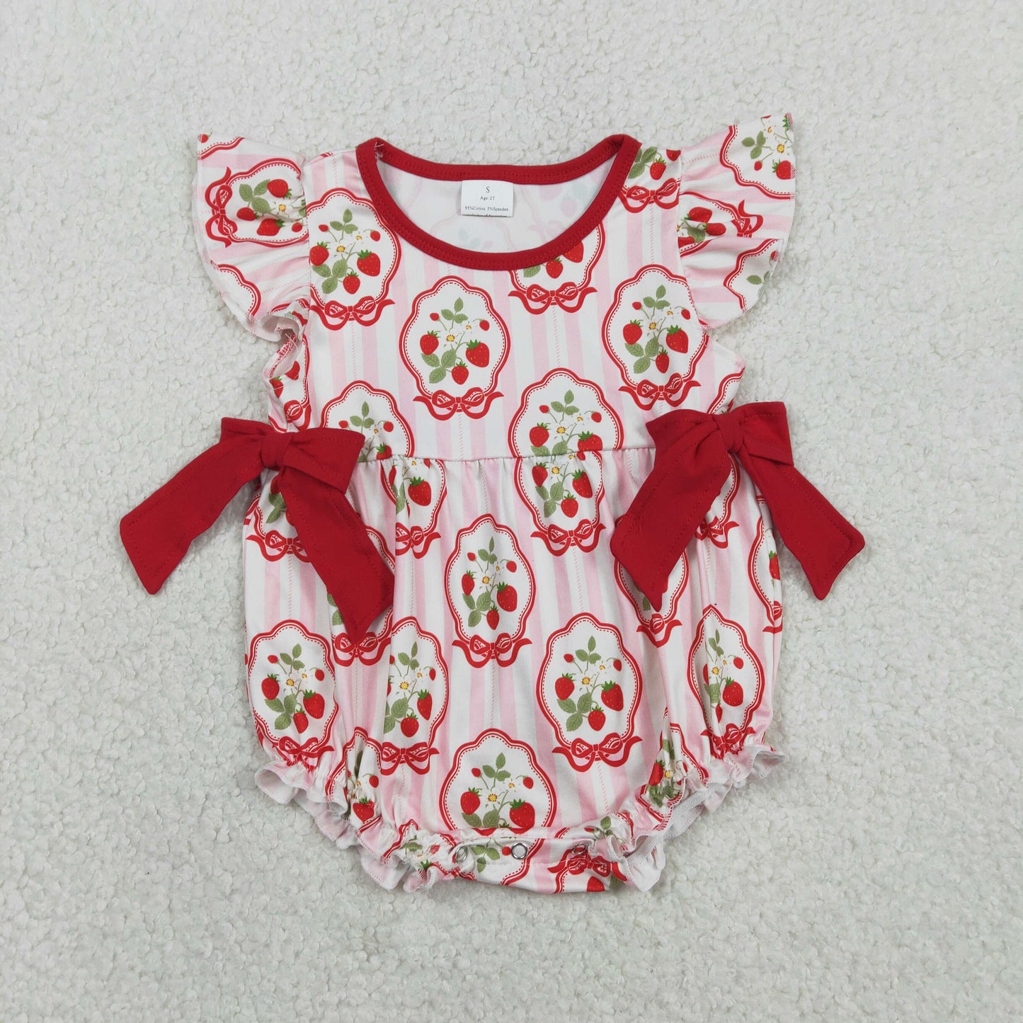 Baby Girls Infant Short Sleeves Strawberry Floral Bows Bubble Romper RTS