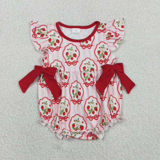 Baby Girls Infant Short Sleeves Strawberry Floral Bows Bubble Romper RTS