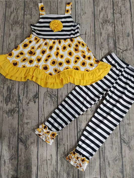 Moq 5 Baby Girl Sleeveless Sunflower Tunic Stripes Pants Set