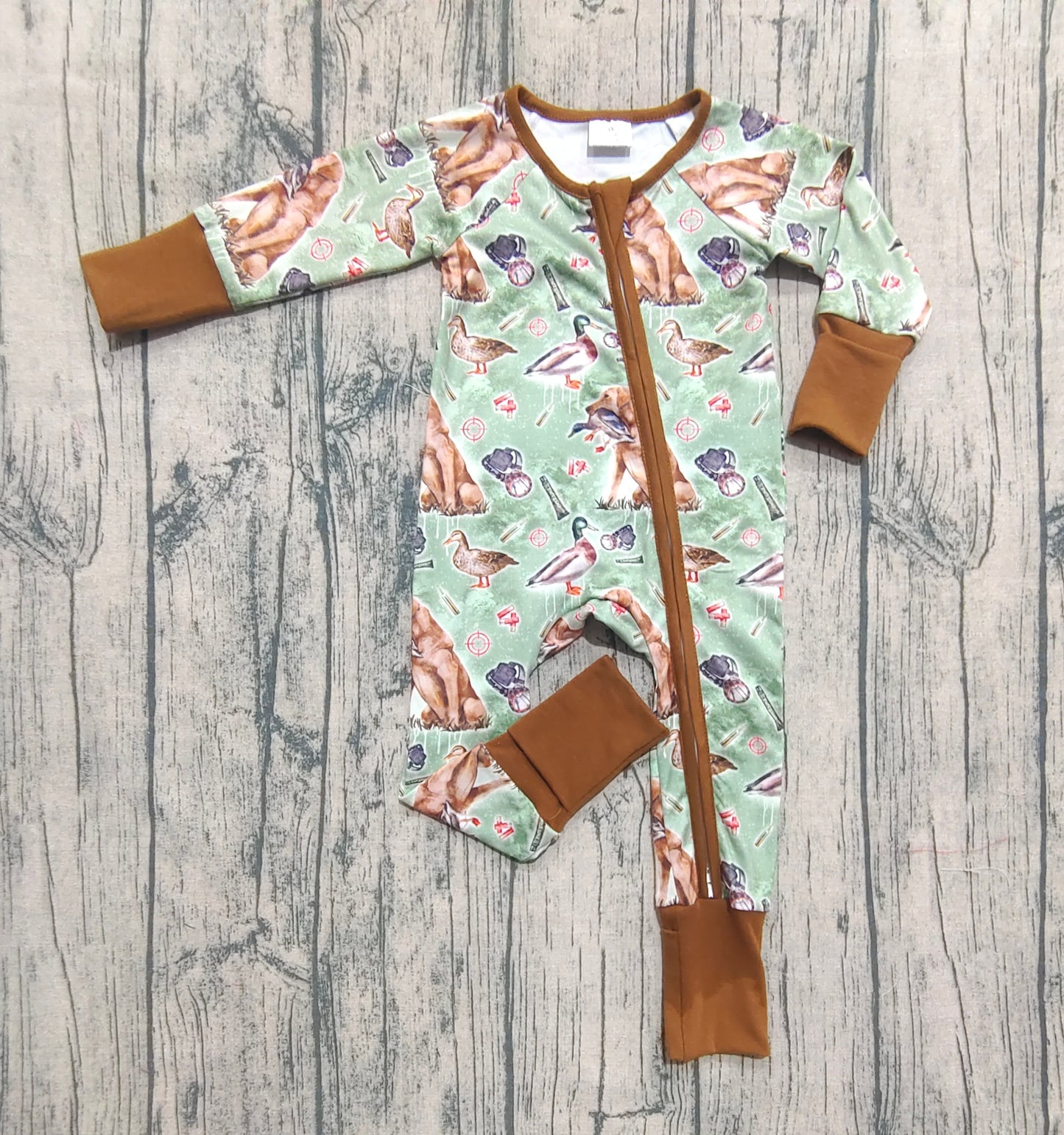 Baby Boy Long Sleeves Dogs Ducks Baseball Zipper Green Romper RTS