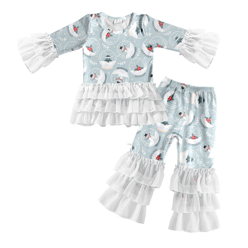 Baby Girl Christmas Snowman Tops Lace Pants Set