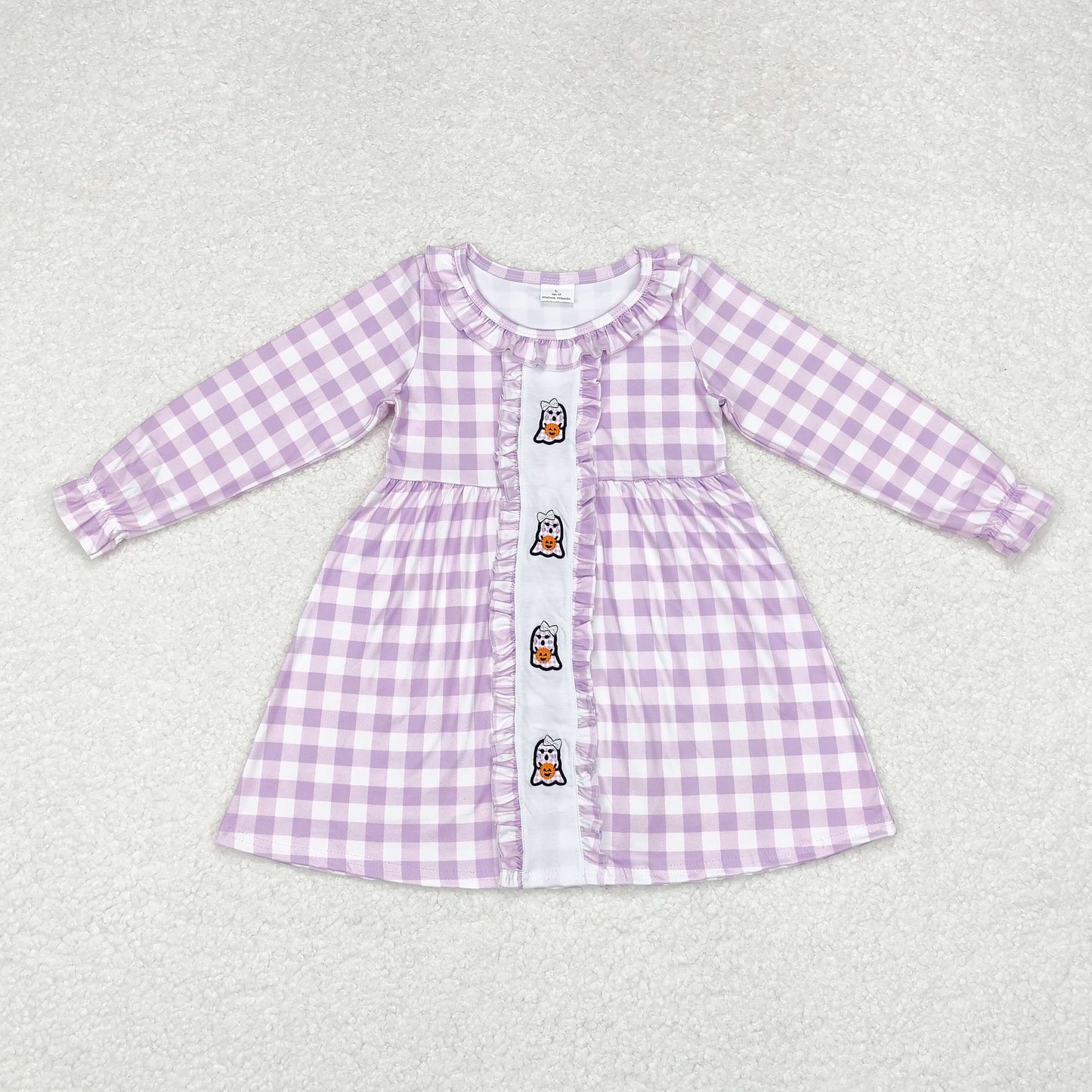 Baby Girl Halloween Long Sleeves Checkered Embroidery Ghost Purple Dress