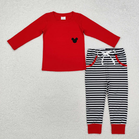 Baby Boy Long Sleeves Embroidery Mouse Red Shirt Stripes Pocket Pants Set