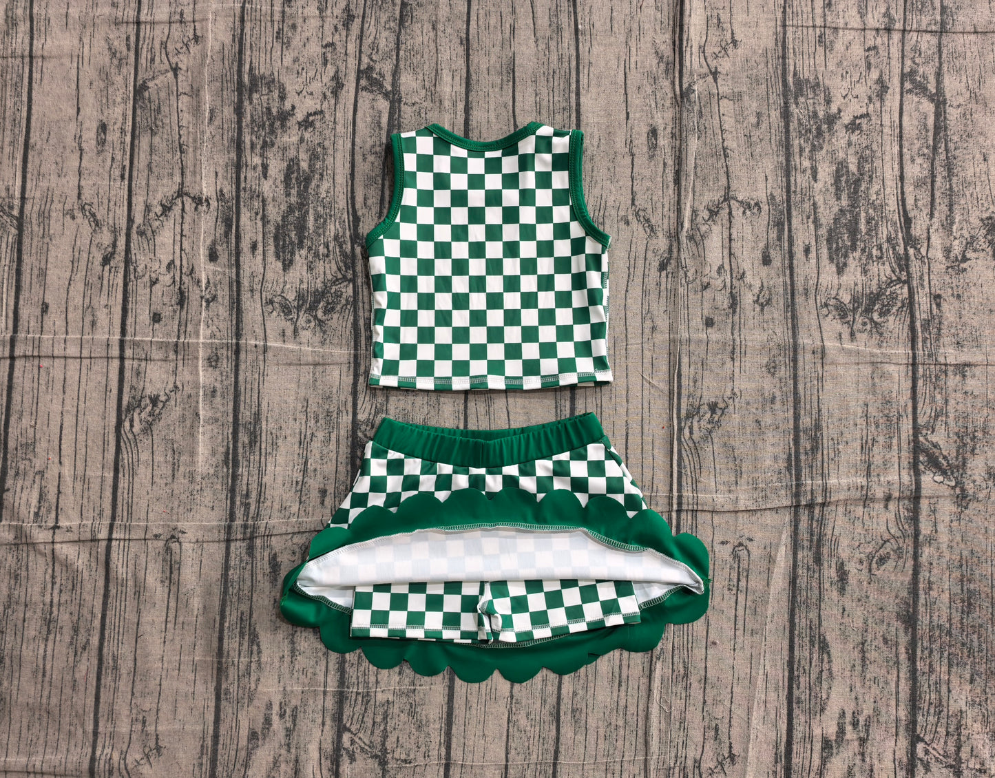 ( No moq ) Baby Girls Kids Green Checked Tops Scallop Skirt Shorts Yoga Active Set Clothes