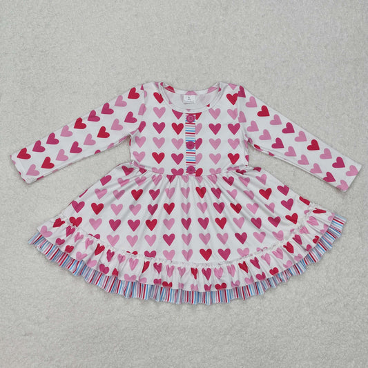 Baby Girl Long Sleeves Valentines Hearts Knee Length Pink Dress