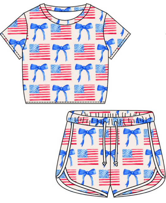 Baby Girl Short Sleeves July 4th Bows Flag Shirt Shorts Clothes Set Moq 5