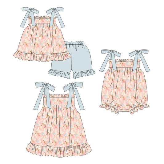 ( Moq 5 Each Style ) Sibling Baby Girls Kids Flower Bows Romper Dress Set Summer Clothes