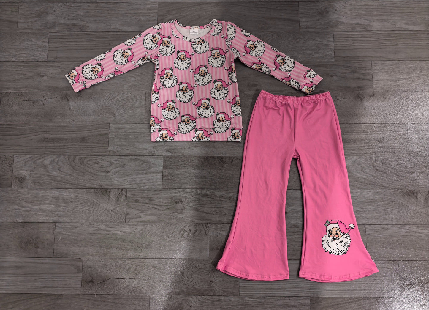 ( No moq ) Preorder Baby Girls Kids Long Sleeves Christmas Santa Stripes Shirt Pink Pants Set Clothes