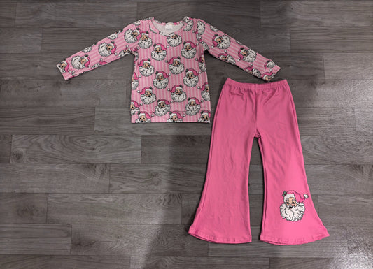 ( No moq ) Preorder Baby Girls Kids Long Sleeves Christmas Santa Stripes Shirt Pink Pants Set Clothes