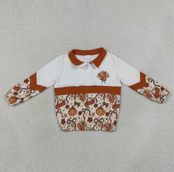 Baby Girls Kids turkey Pumpkins Bows Zipper Pullover Shirt Fall Clothes RTS