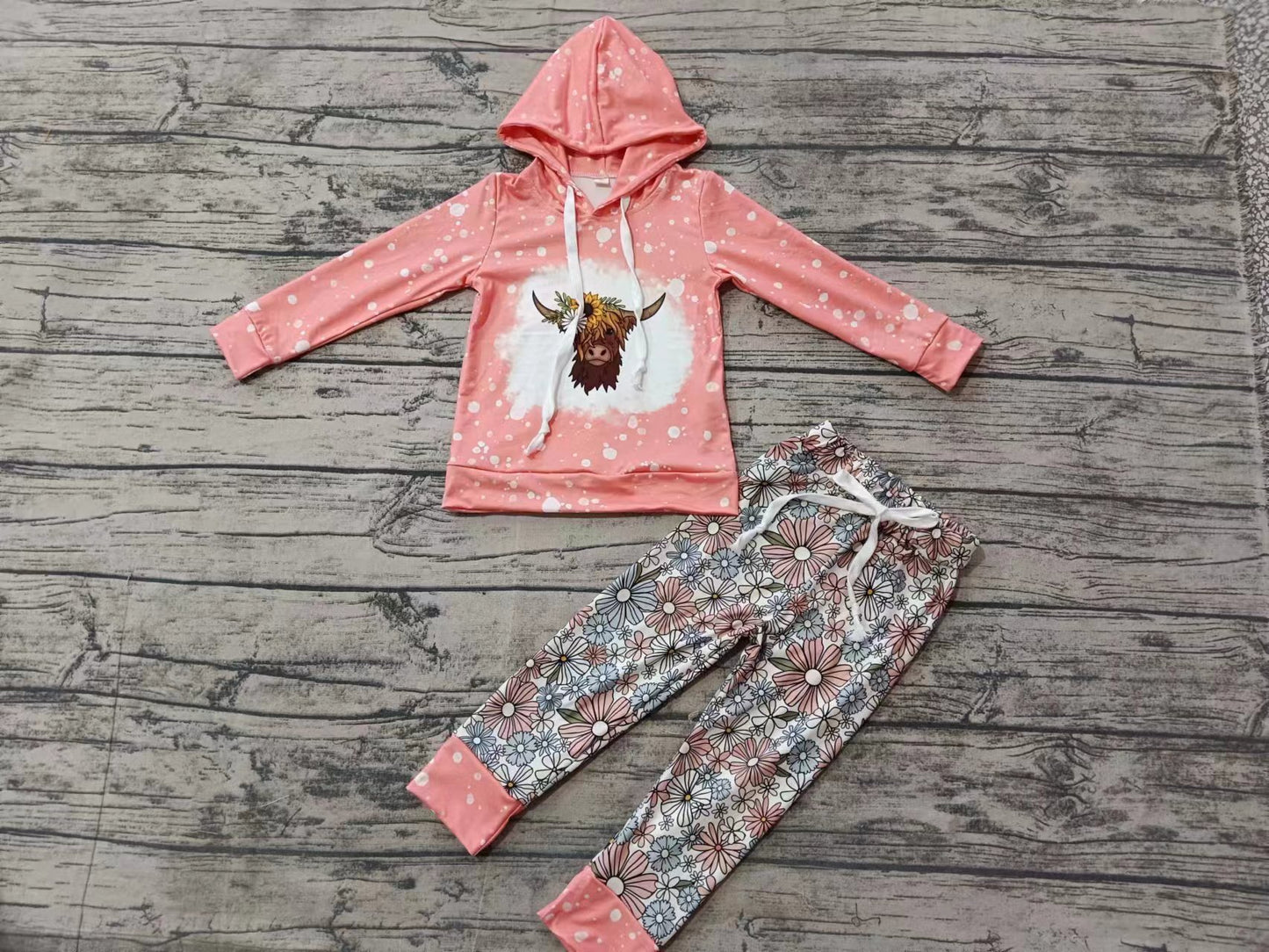 Baby Girl Pink Sleeves Cow Hoodie Shirt Flower Pants Western Set