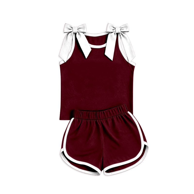 ( Moq 5 ) Preorder Baby Girls Kids Sleeveless Bows Shirt Shorts Dark Red Set Summer Clothes
