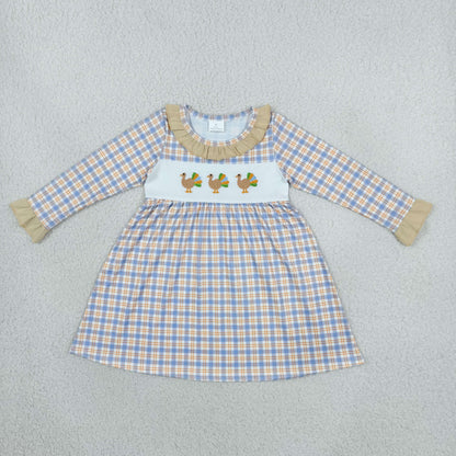 Sibling Baby Girls Kids Embroidery turkey Plaid Thanksgiving Romper Dress Clothes RTS