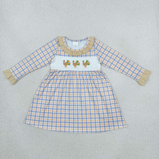 Baby Girls Kids Embroidery turkey Thanksgiving Plaid Knee Length Dress Clothes RTS