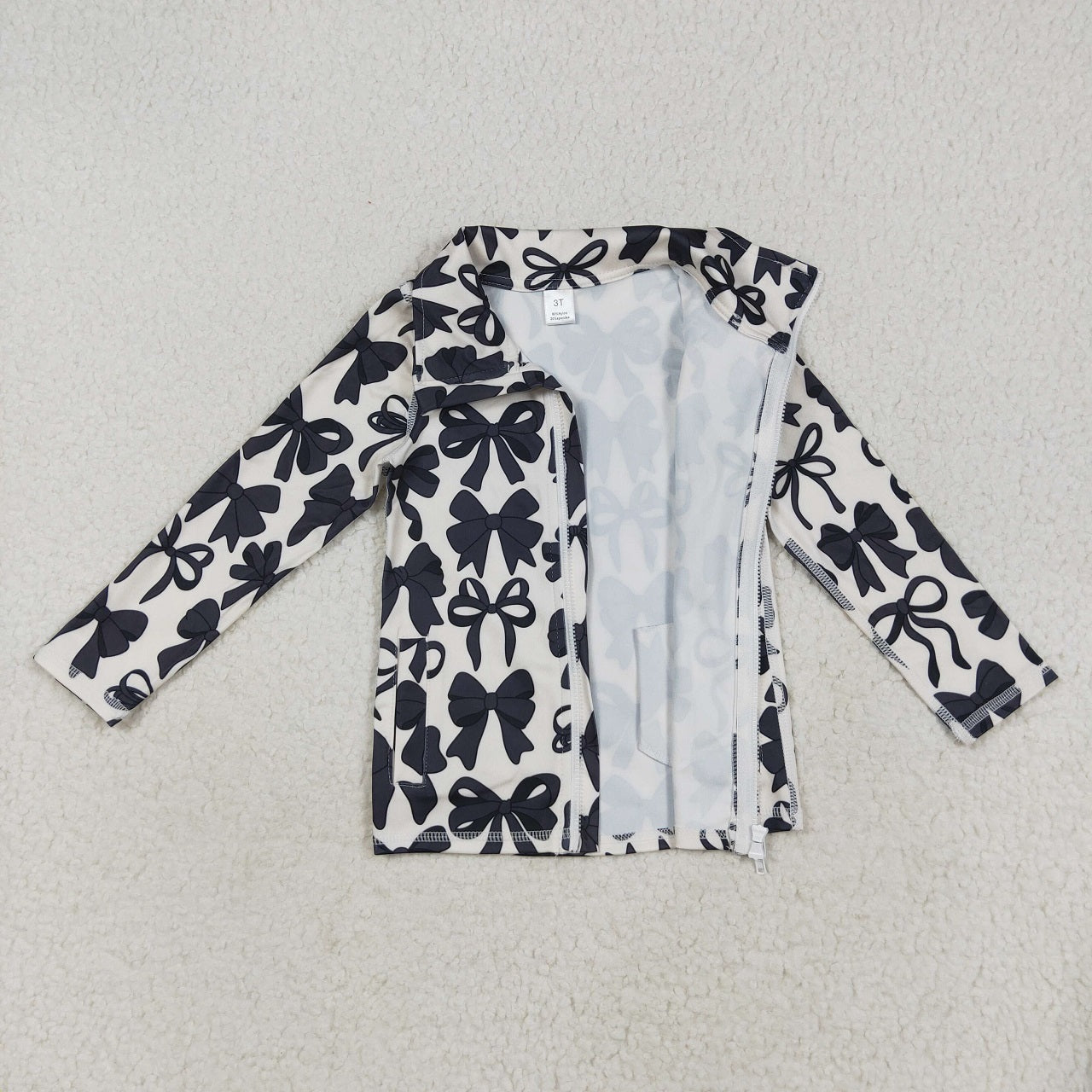 Kids Girls Long Sleeves Black Bows Zipper Pockets Cardigan Bell Pants Yoga Active Set RTS