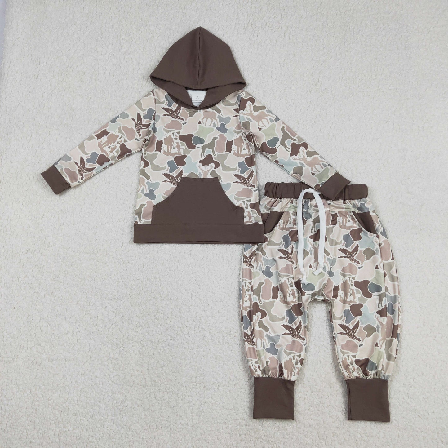 Baby Boys Long Sleeves Dogs Ducks Deer Camo Pocket Hoodie Shirt Pants Hunting Set RTS