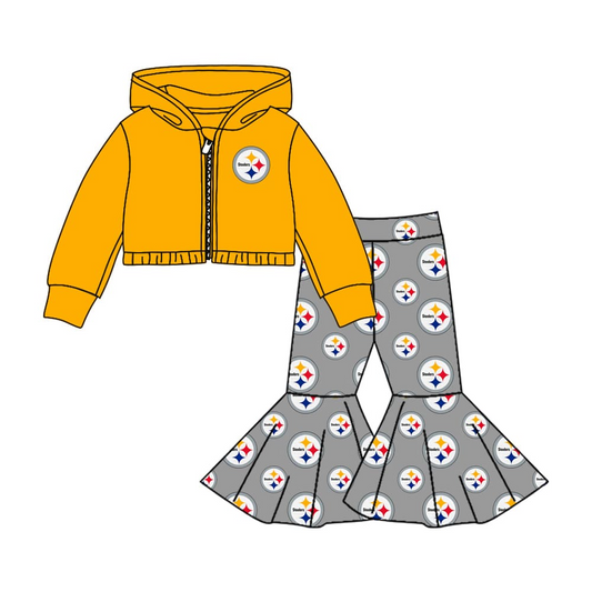 Baby Girl Long Sleeves Team Orange Hoodie Tops Bell Pants Clothing Set Moq 5