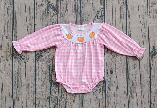 ( No moq ) Preorder Baby Girl Long Sleeves Embroidery Pumpkin Bows Pink Checked Romper