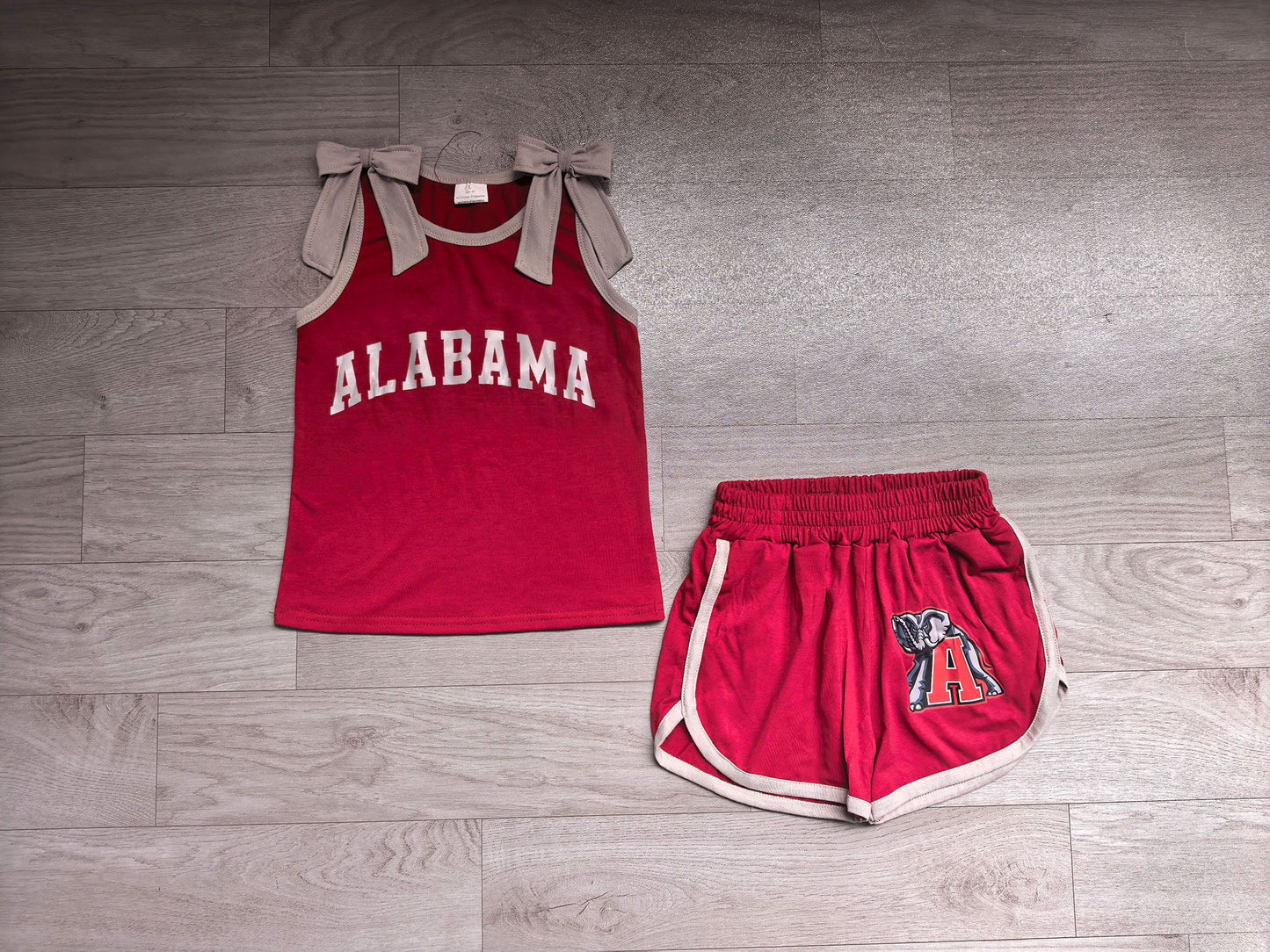 ( No moq ) Preorder Baby Girls Kids Sleeveless Bows Vinyl Shirt Elephant Shorts Red Set Team Clothes