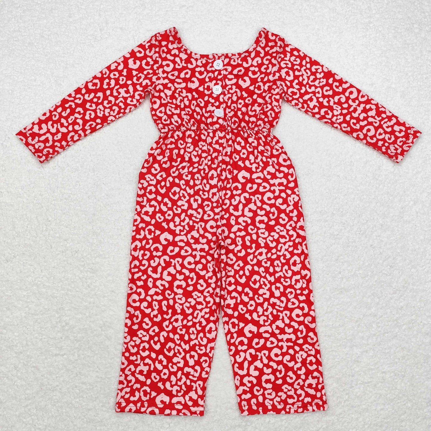 Baby Girl Long Sleeves Red Leopard Long Sleeves Pocket Jumpsuit