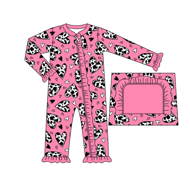 Baby Girl Infant Long Sleeves Western Hearts Pink Zipper Romper