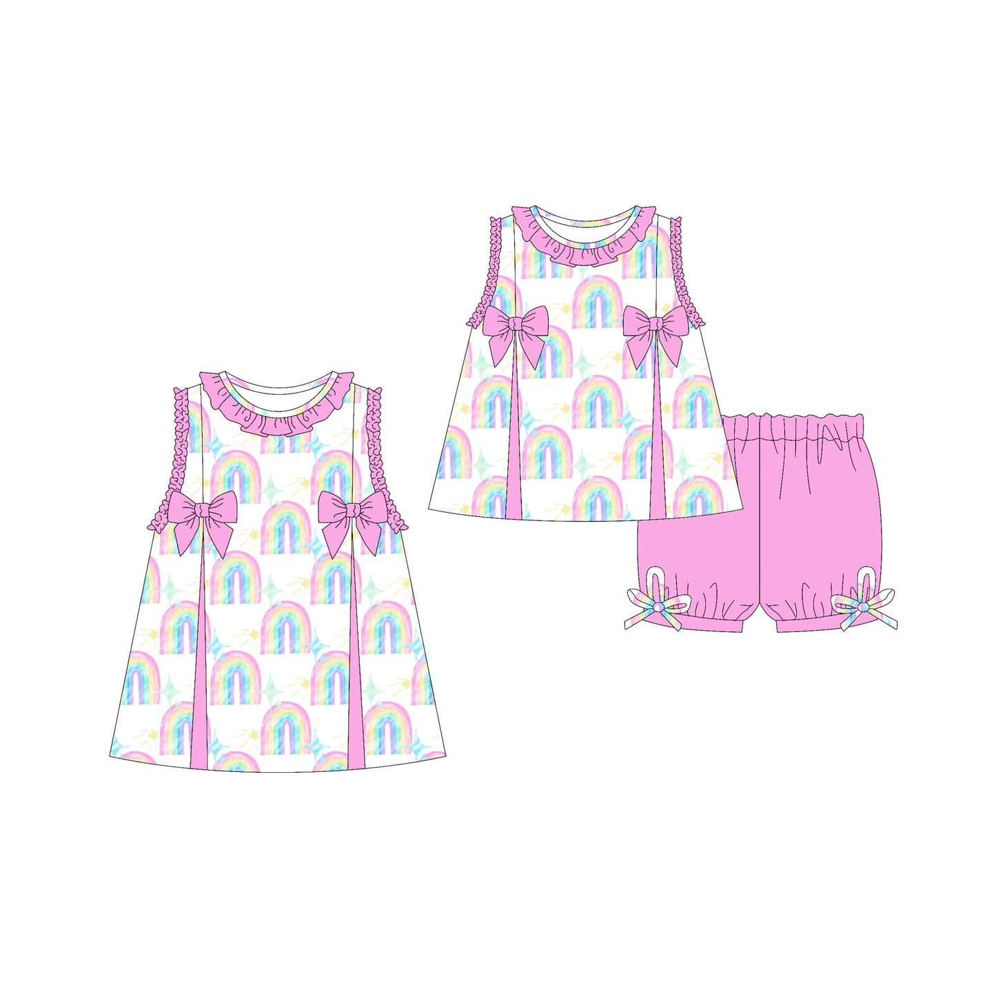 ( Moq 5 Each Style ) Baby Girl Sleeveless Pink Bows Rainbows Sibling Dress Set 3.22