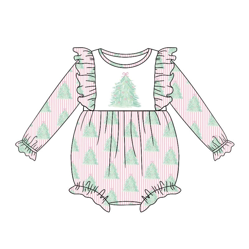 Baby Girl Infant Christmas Tree Pink Stripes Bubble Romper