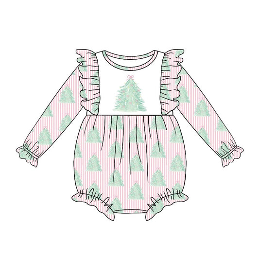 Baby Girl Infant Christmas Tree Pink Stripes Bubble Romper