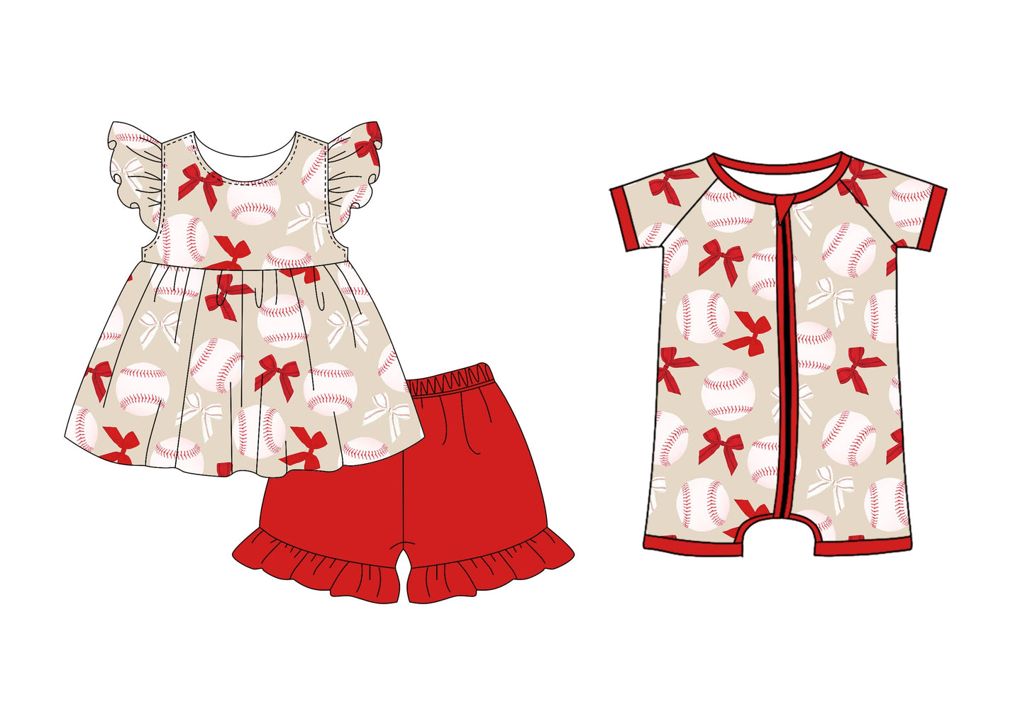 Baby Girl Short Sleeves Baseball Bows Sibling Romper Set ( Moq 5 Each Style ) 2.27