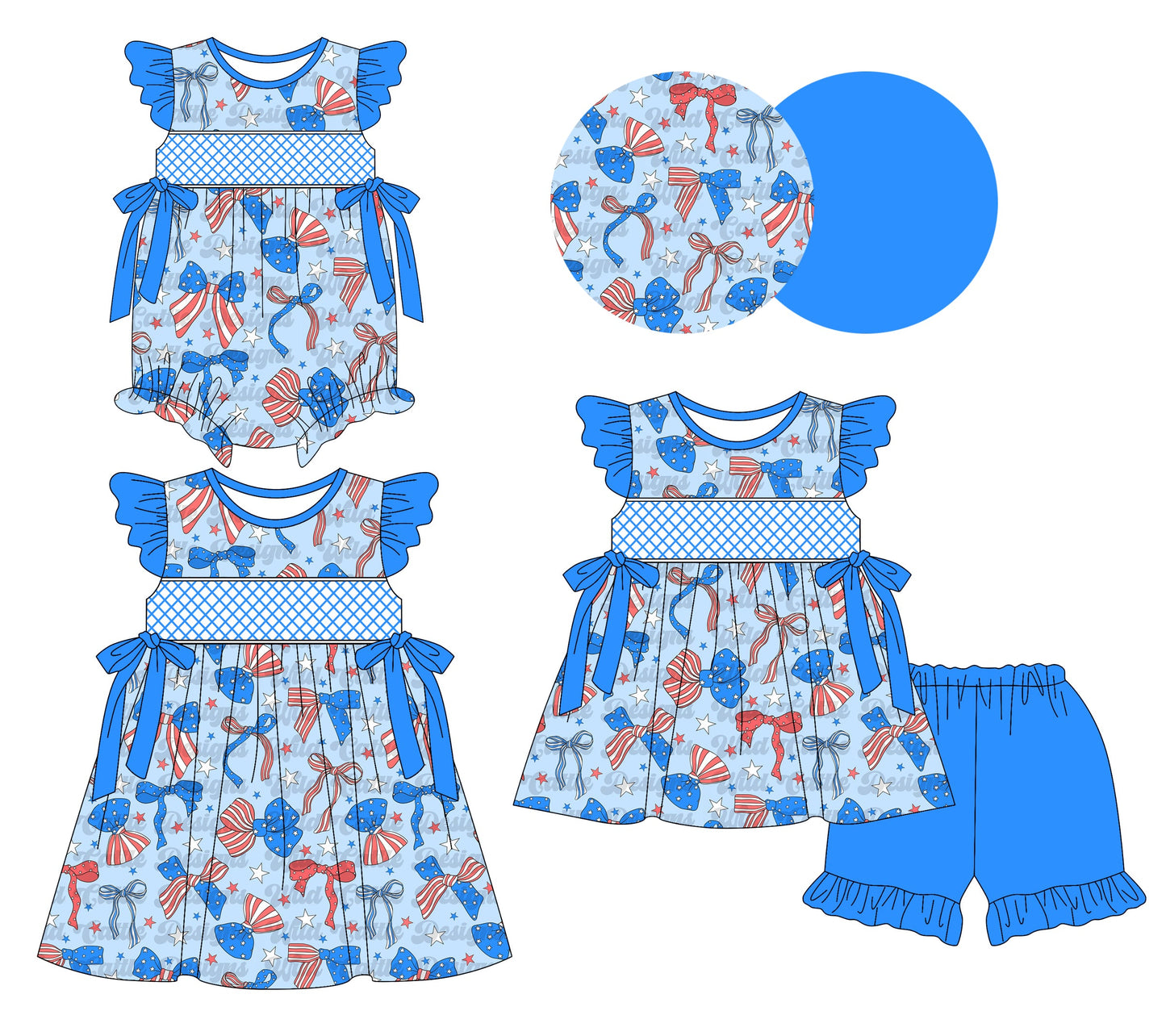 Baby Girl Short Sleeves July 4th Blue Bows Sibling Romper Dress Set ( Moq 5 Each Style ) 3.10