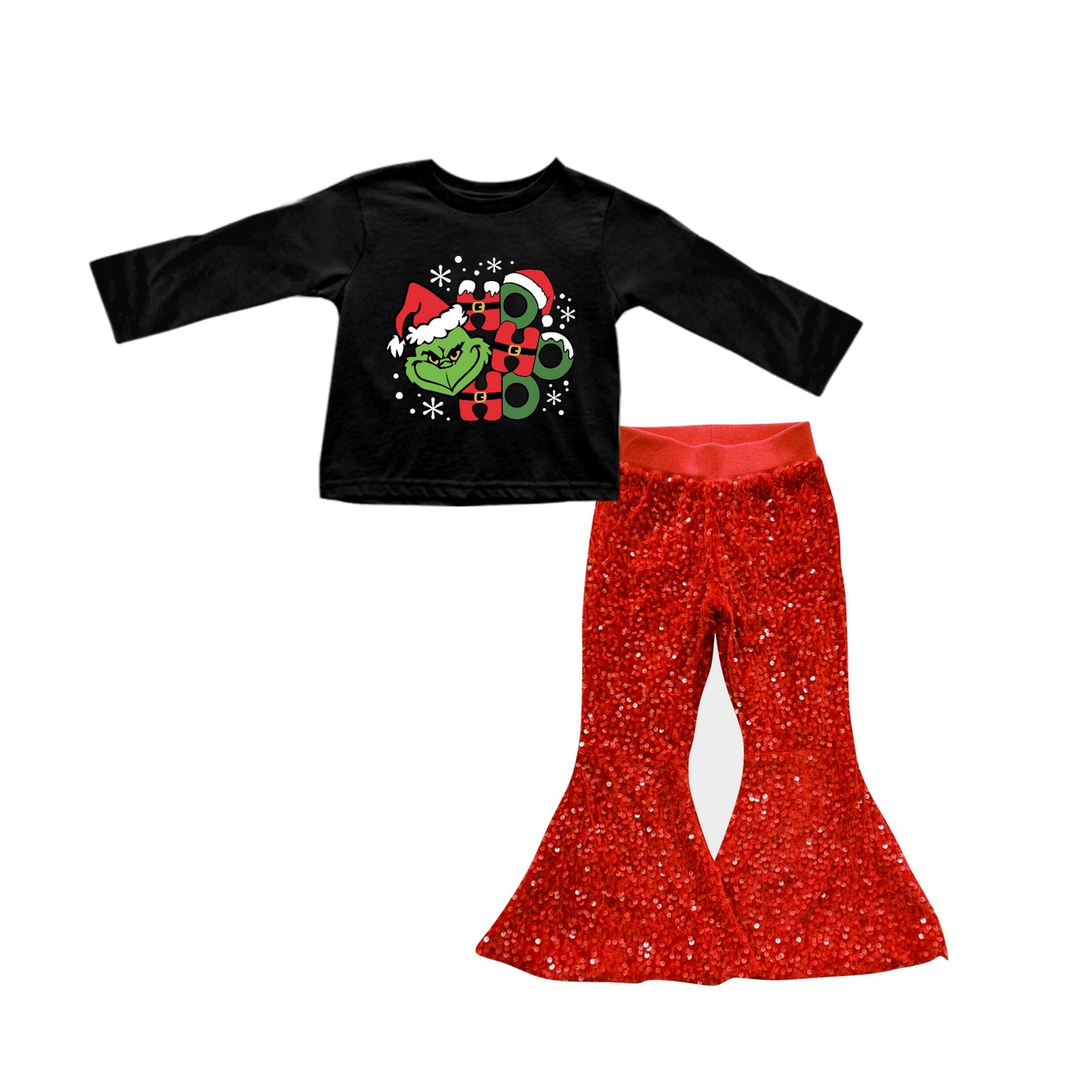 Baby Girl Black Long Sleeves Christmas Face Shirt Sequins Pants Set