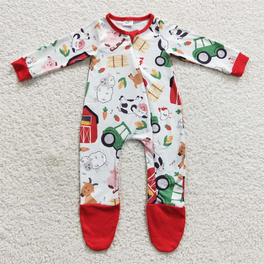 LR0379 Baby Boy Long Sleeves One Piece Farm Zip Footie Romper