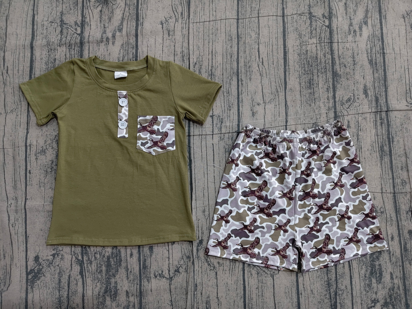 Baby Boys Dark Green Short Sleeves Buttons Pocket Shirt Ducks Camo Shorts Set RTS