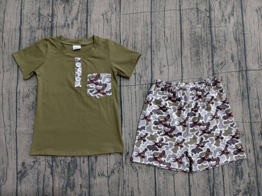 ( No moq ) Preorder Baby Boys Dark Green Short Sleeves Buttons Pocket Shirt Ducks Camo Shorts Set
