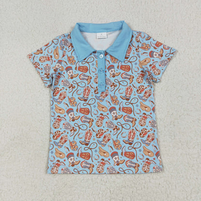 Baby Boy Short Sleeves Western Boots Hats Blue Buttons Sibling Romper Shirt Clothes RTS