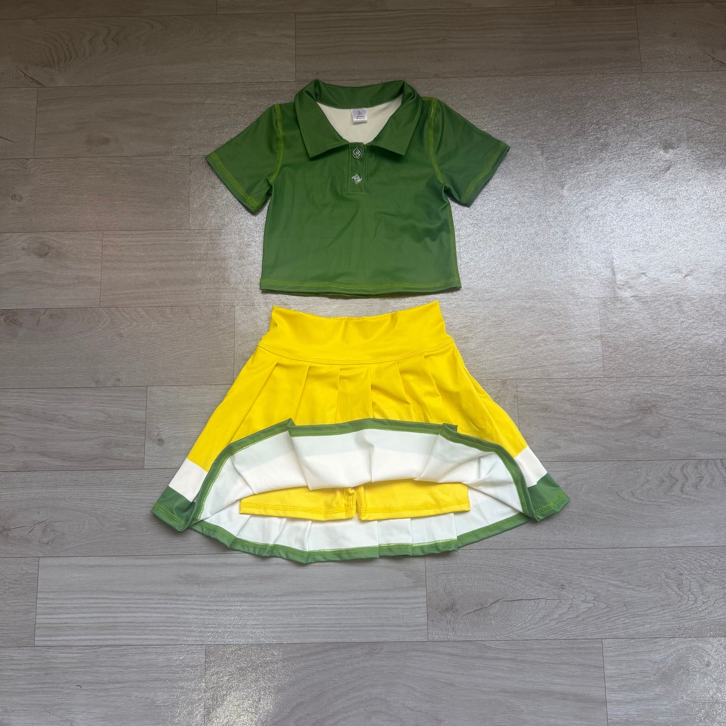 ( No moq ) Preorder Baby Girls Kids Green Buttons Shirt Skirt Shorts Yoga Active Set Clothes