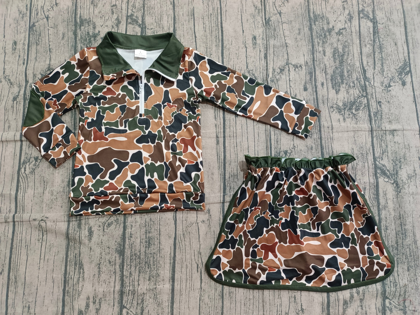 Baby Girls Kids Long Sleeves Brown Green Camo Zipper Pullover Skirt Shorts Set RTS