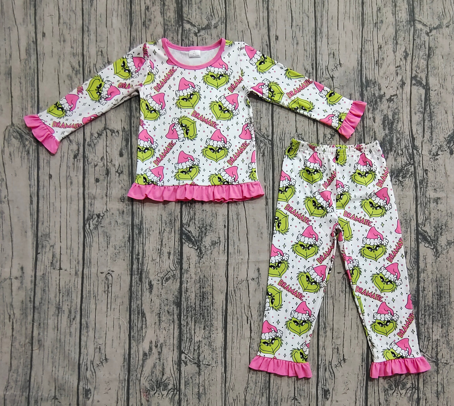Baby Girl Long Sleeves Green Face Shirt Pants Christmas Pink Pajamas Set RTS