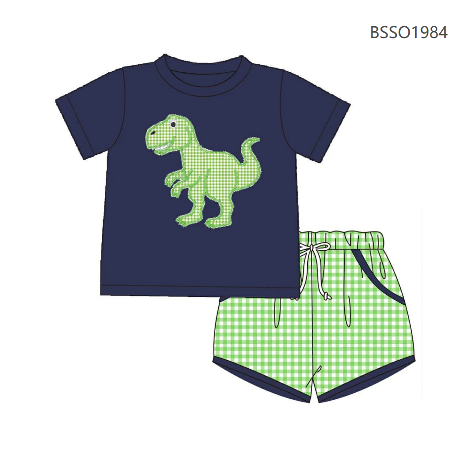 ( Moq 5 ) Preorder Baby Boys Kids Short Sleeves Dinosaur Shirt Green Plaid Pockets Shorts Set Clothes