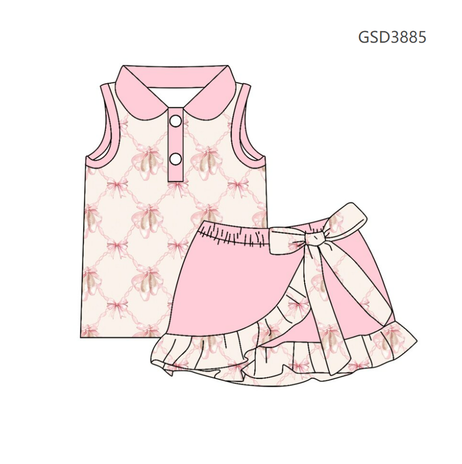 ( Moq 5 ) Preorder Baby Girls Kids Pink Bows Shoes Buttons Tops Ruffle Skirt Shorts Set Clothes