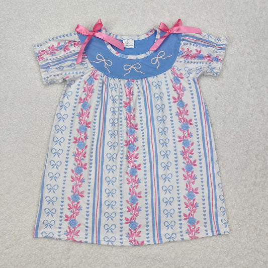 Baby Girl Short Sleeves Embroidery Bows Flower Knee Length Dress