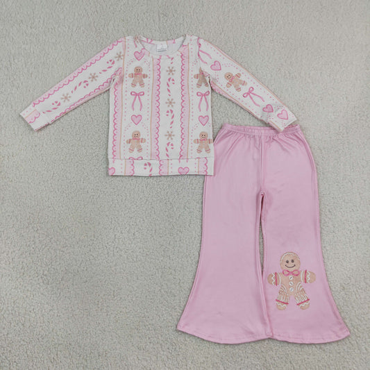Baby Girls Kids Long Sleeves Gingerbread Bows Christmas Shirt Pink Pants Set Clothes RTS
