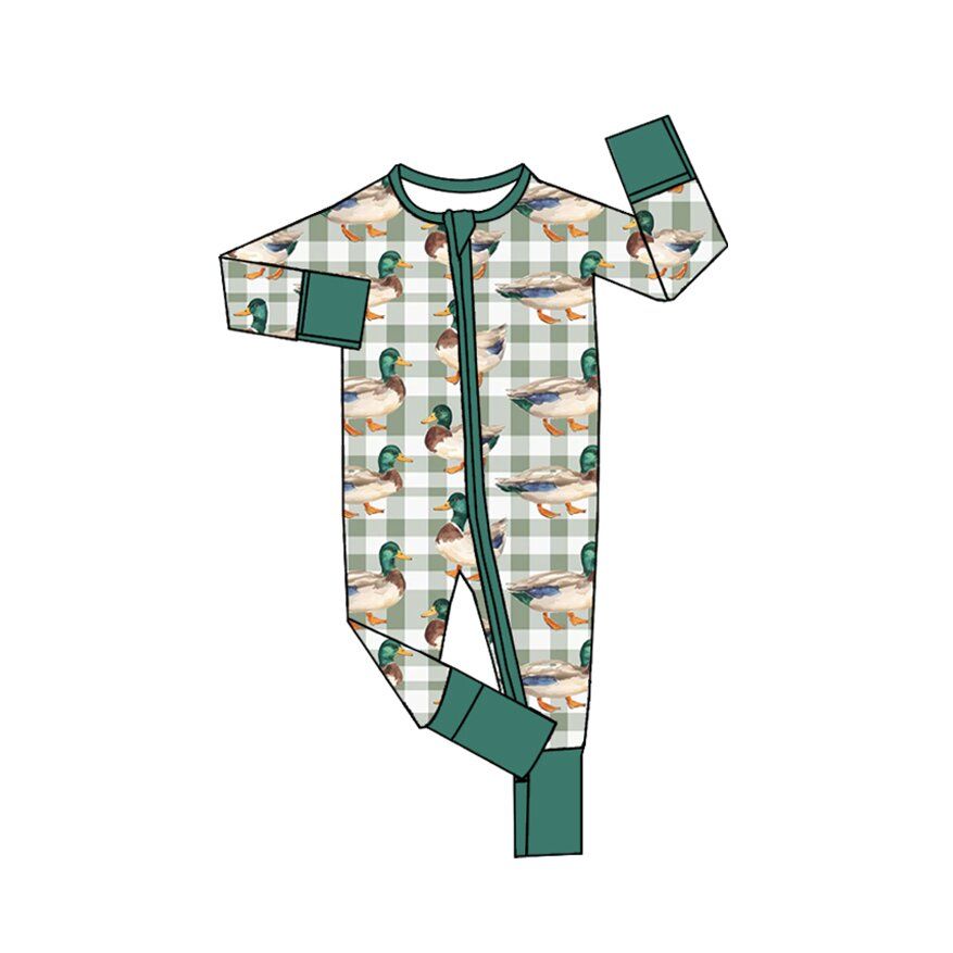 ( Moq 5 ) Preorder Baby Boys Infant Ducks Plaid Zipper Footie Sleeper Green Romper Clothes