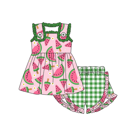 Moq 3 Pre-order GSSO0873 Baby Girls Watermelon Tops Plaid Shorts Summer Set