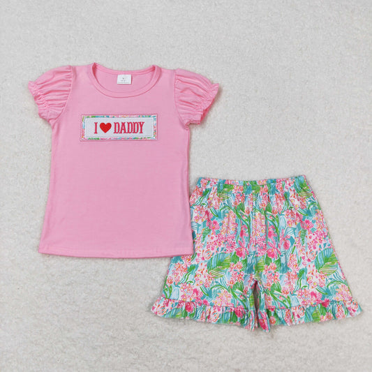 Baby Girl Embroidery I Love Daddy Pink Shirt Floral Shorts Summer Set