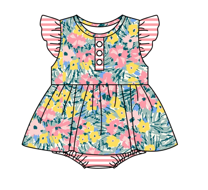 Baby Girl Floral Stripes Sibling Romper Dress Clothes Set ( Moq 5 Each Design )