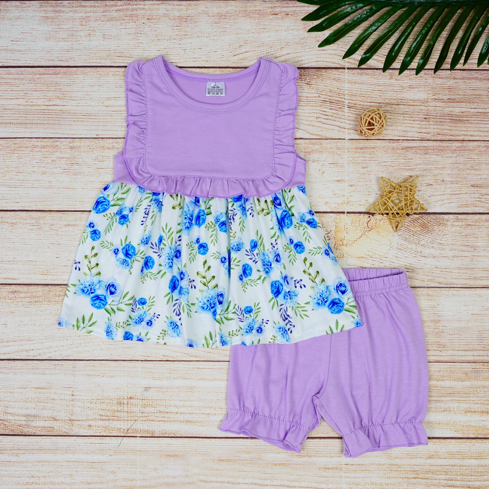 Moq 3 Pre-order GSSO0829 Baby Girl Sleeveless Floral Tunic Purple Shorts Summer Set