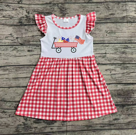 No moq Pre-order July 4th Baby Girl Embroidery Red Plaid Dress