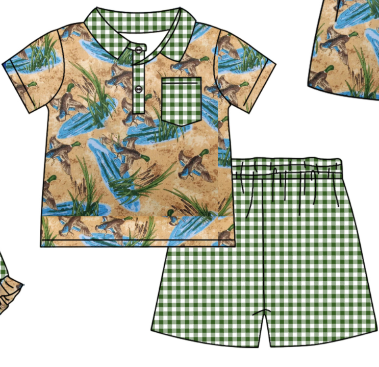 Baby Boy Girl Ducks Bows Sibling Matching Green Dress Romper Clothes Set ( Moq 5 Each style )